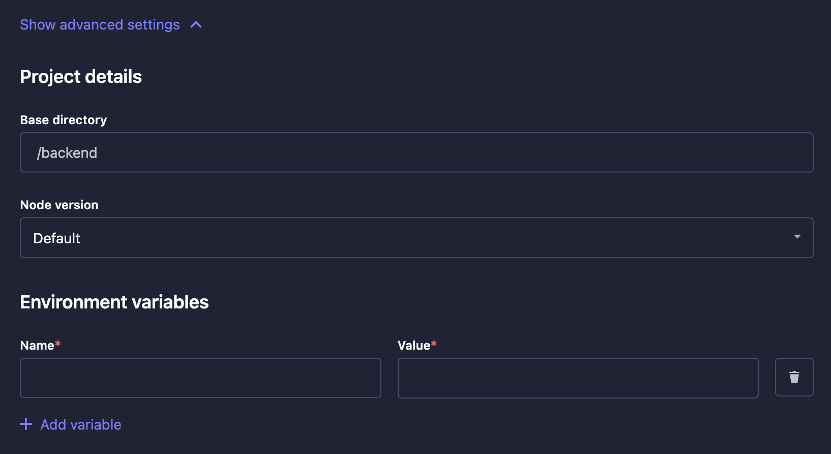 Project creation advanced settings