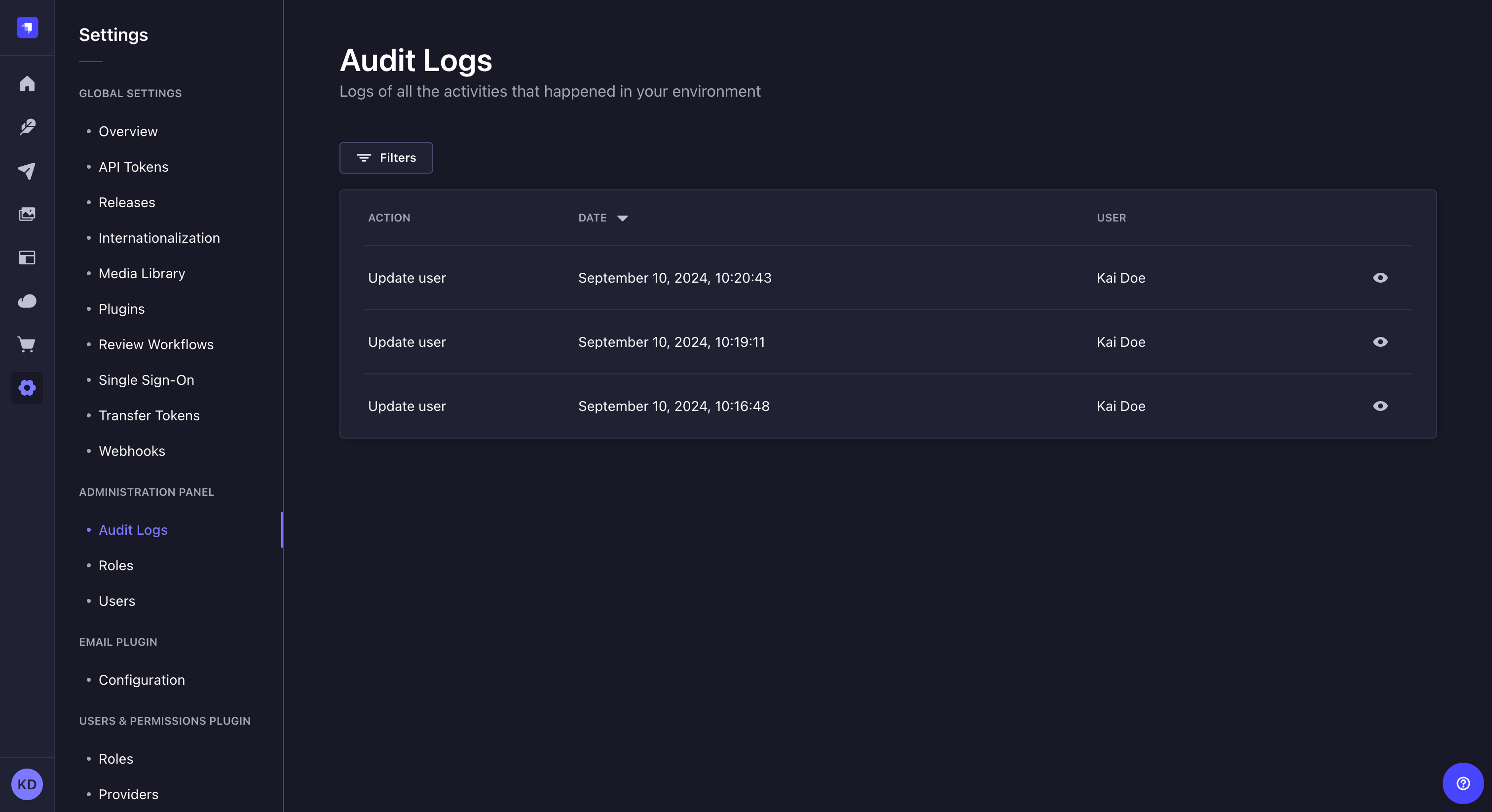 Audit Logs panel